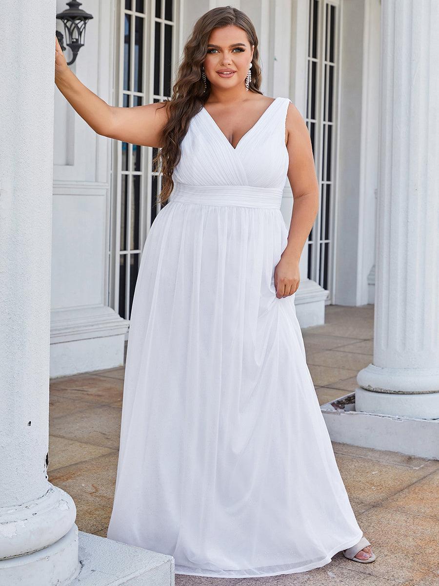 Robe de Soirée Grande Taille Longue Scintillante à Col en V #Couleur_Blanc