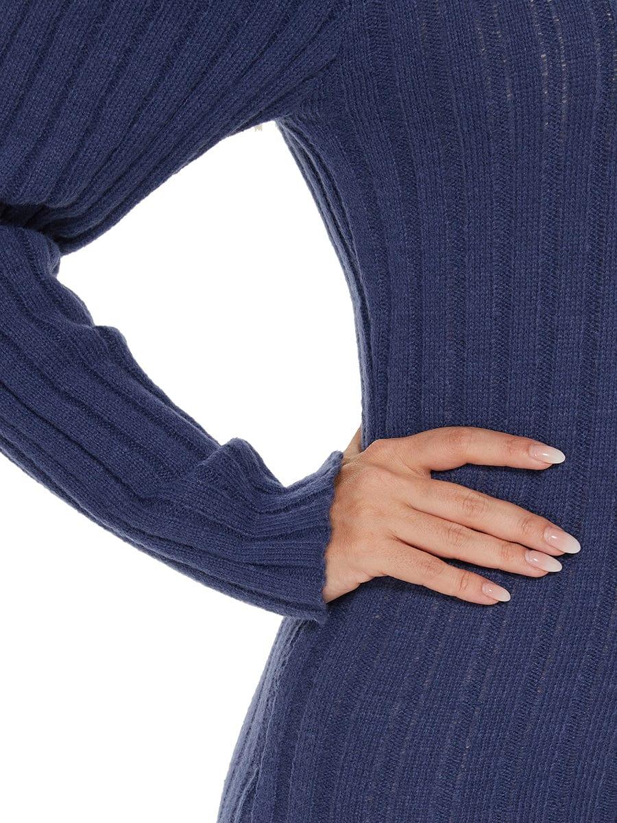 Robe pull moulante côtelée à manches longues et encolure en V #Couleur_Bleu Marine