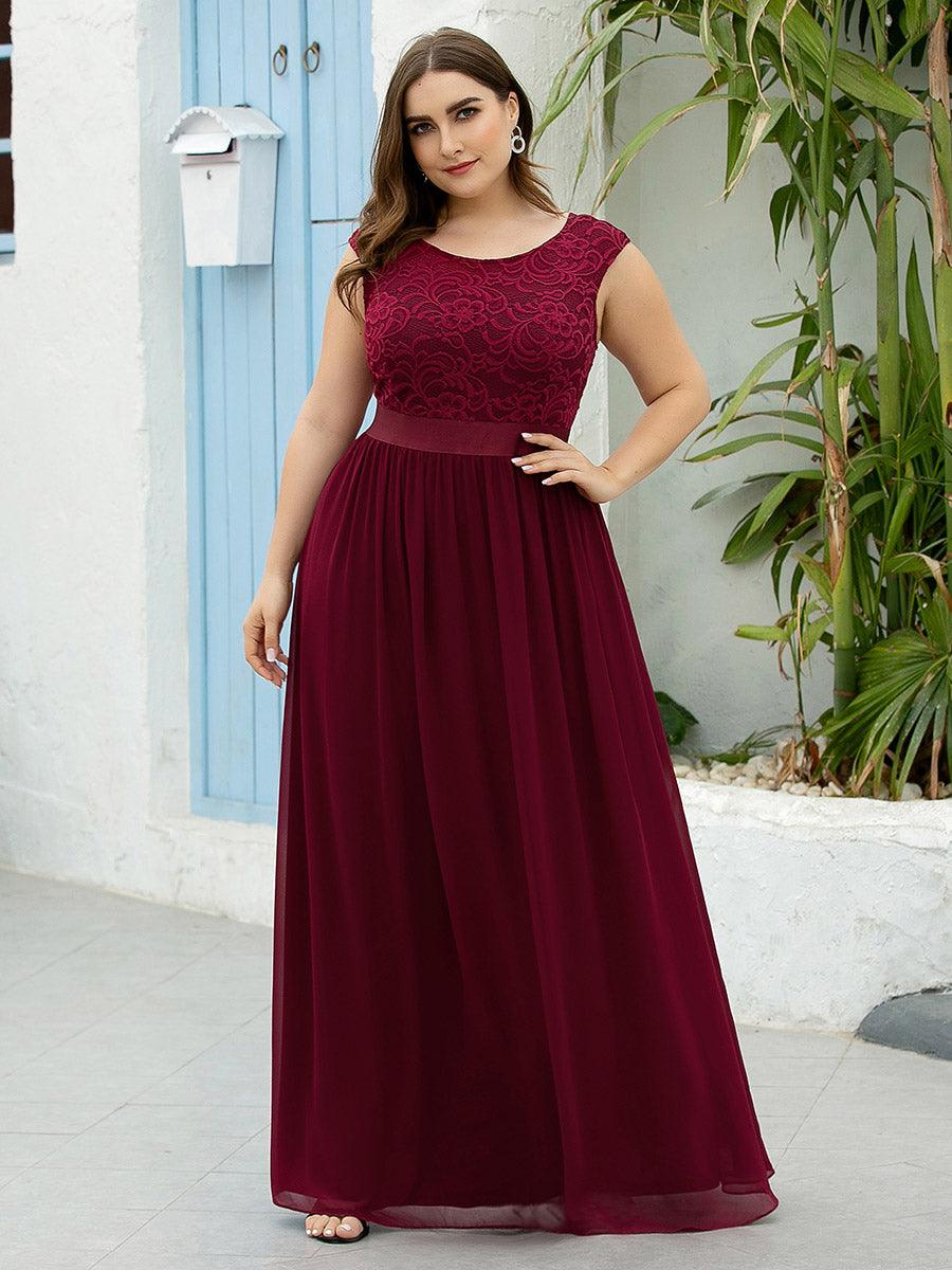 Robe Demoiselle d'Honneur Grande Taille avec Dos en V et Dentelle #Couleur_Bordeaux