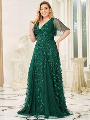 Grande Taille Robe de Soirée Longue Romantique et Scintillante à Col V et Pailletes