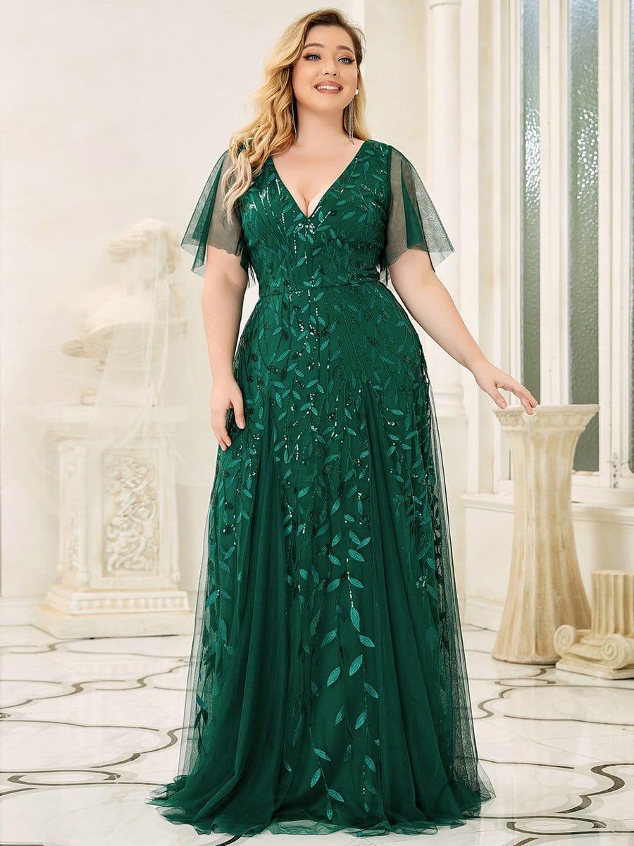 Grande Taille Robe de Soirée Longue Romantique et Scintillante à Col V et Pailletes #Couleur_Vert Fonce