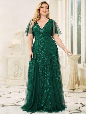 Grande Taille Robe de Soirée Longue Romantique et Scintillante à Col V et Pailletes