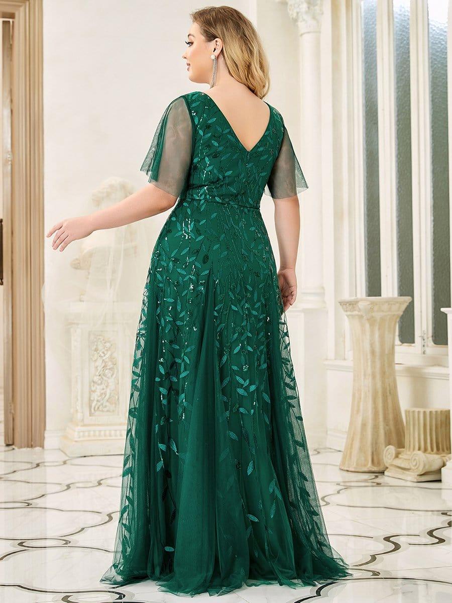 Grande Taille Robe de Soirée Longue Romantique et Scintillante à Col V et Pailletes