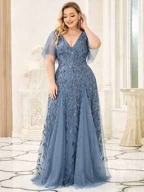 Grande Taille Robe de Soirée Longue Romantique et Scintillante à Col V et Pailletes