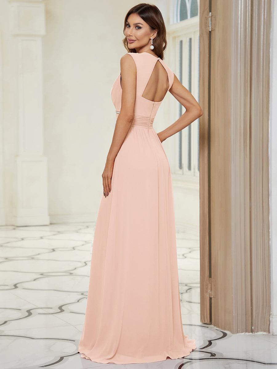 Robe longue de demoiselle d'honneur froncée à col en V #Couleur_Rose