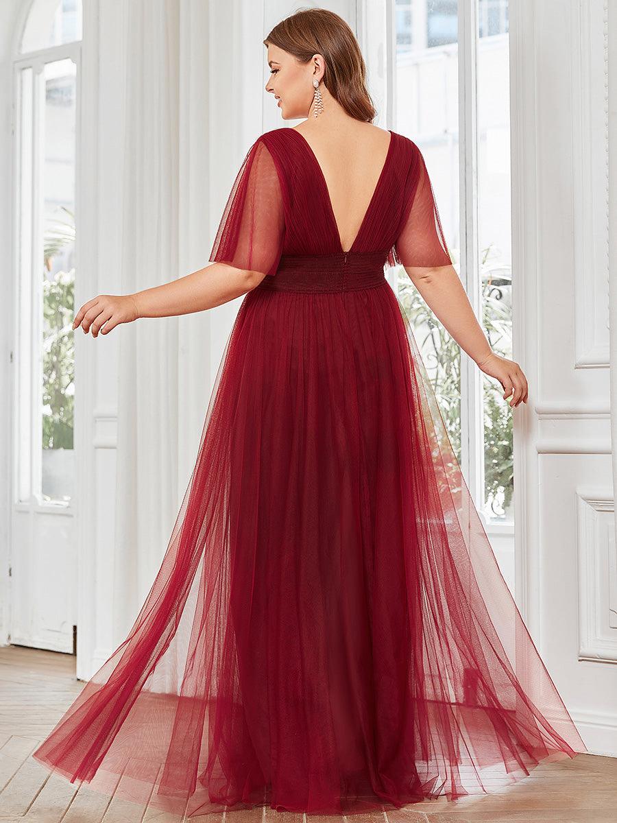 Robe de demoiselle d'honneur en tulle plissée à manches courtes Grande taille #Couleur_Bordeaux