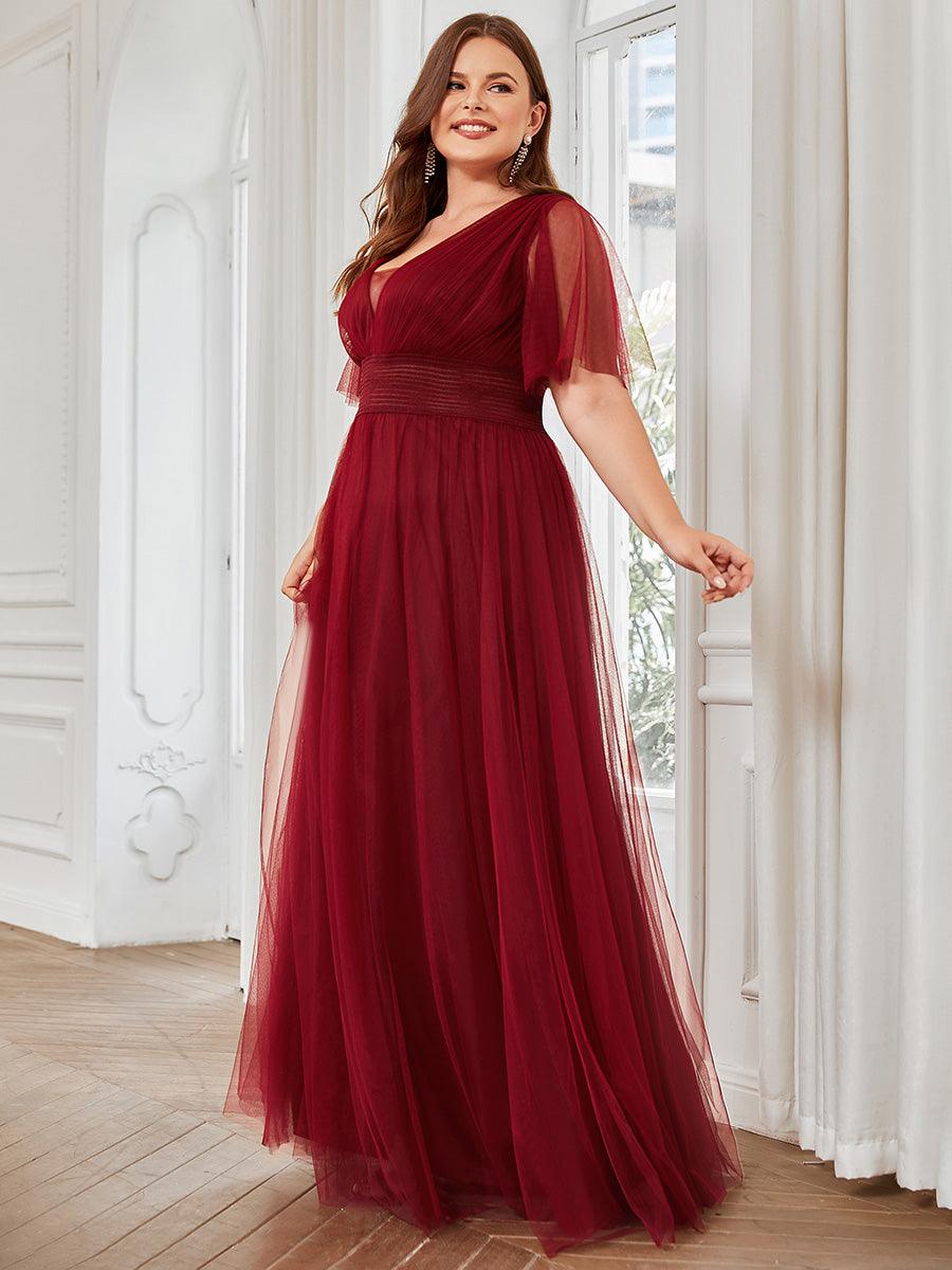 Robe de demoiselle d'honneur en tulle plissée à manches courtes Grande taille #Couleur_Bordeaux