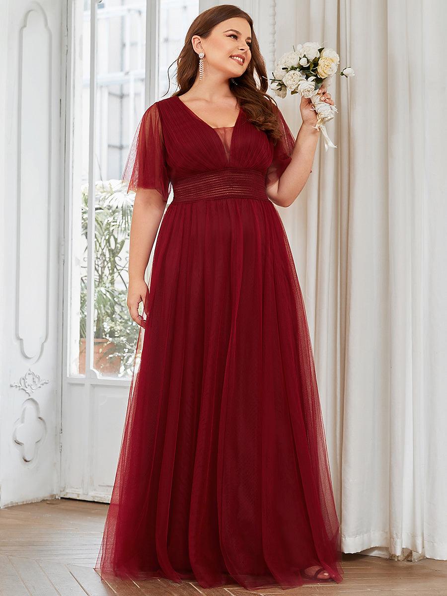 Robe de demoiselle d'honneur en tulle plissée à manches courtes Grande taille #Couleur_Bordeaux
