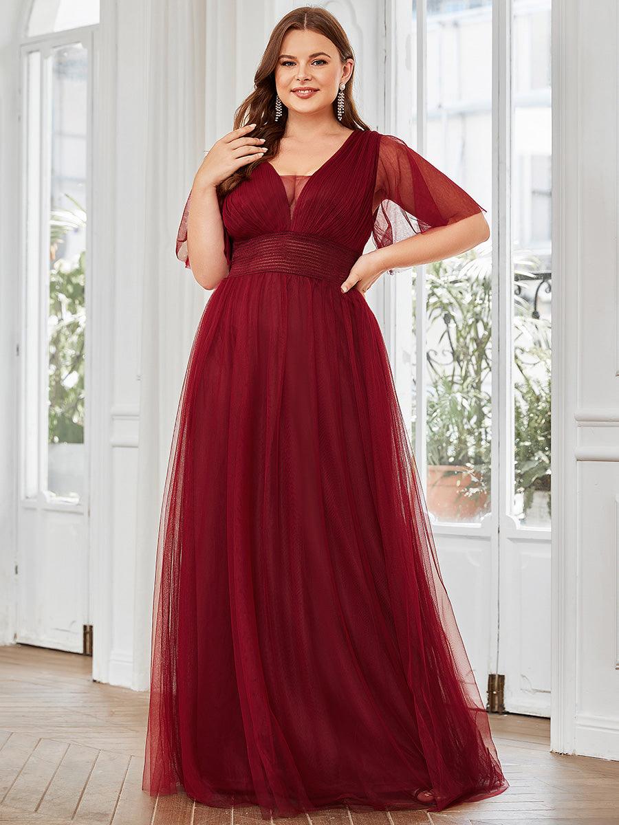 Robe de demoiselle d'honneur en tulle plissée à manches courtes Grande taille #Couleur_Bordeaux