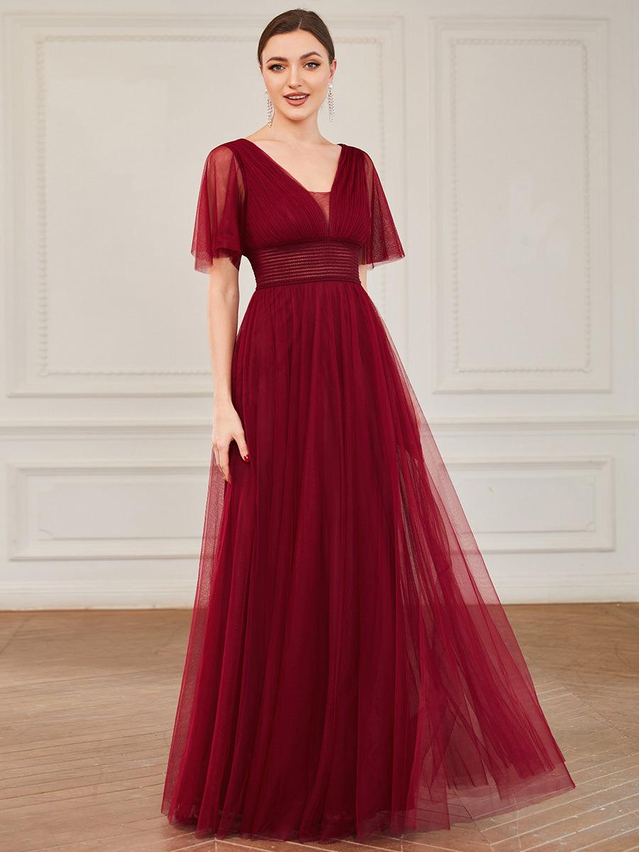 Robe de demoiselle d'honneur en tulle plissée à manches courtes et double col en V #Couleur_Bordeaux