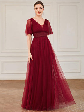 Robe de demoiselle d'honneur en tulle plissée à manches courtes et double col en V