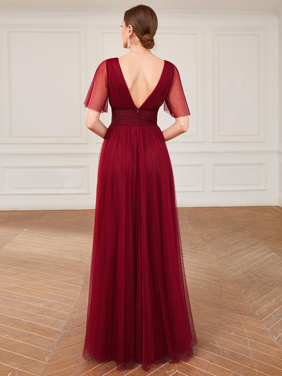 Robe de demoiselle d'honneur en tulle plissée à manches courtes et double col en V #Couleur_Bordeaux
