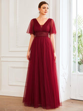 Robe de demoiselle d'honneur en tulle plissée à manches courtes et double col en V #Couleur_Bordeaux