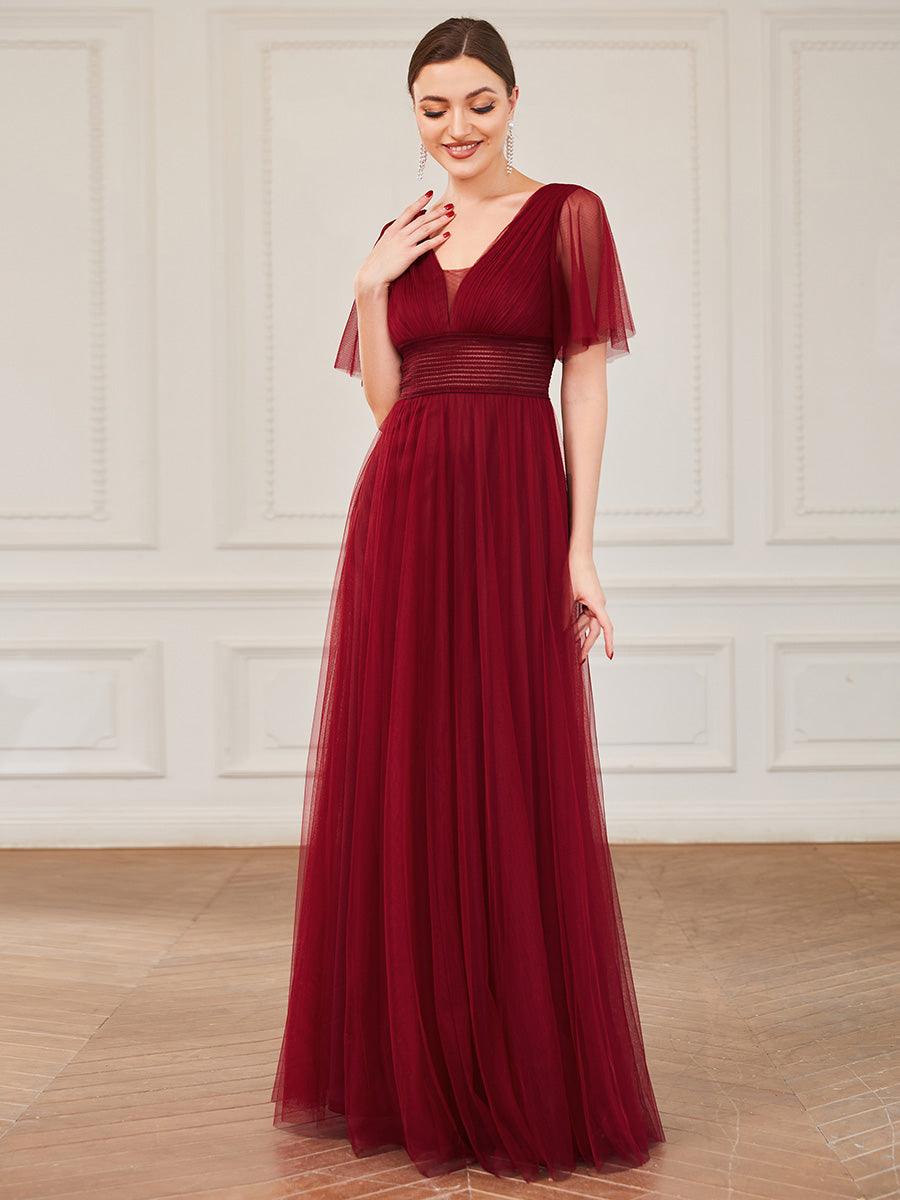 Robe de demoiselle d'honneur en tulle plissée à manches courtes et double col en V