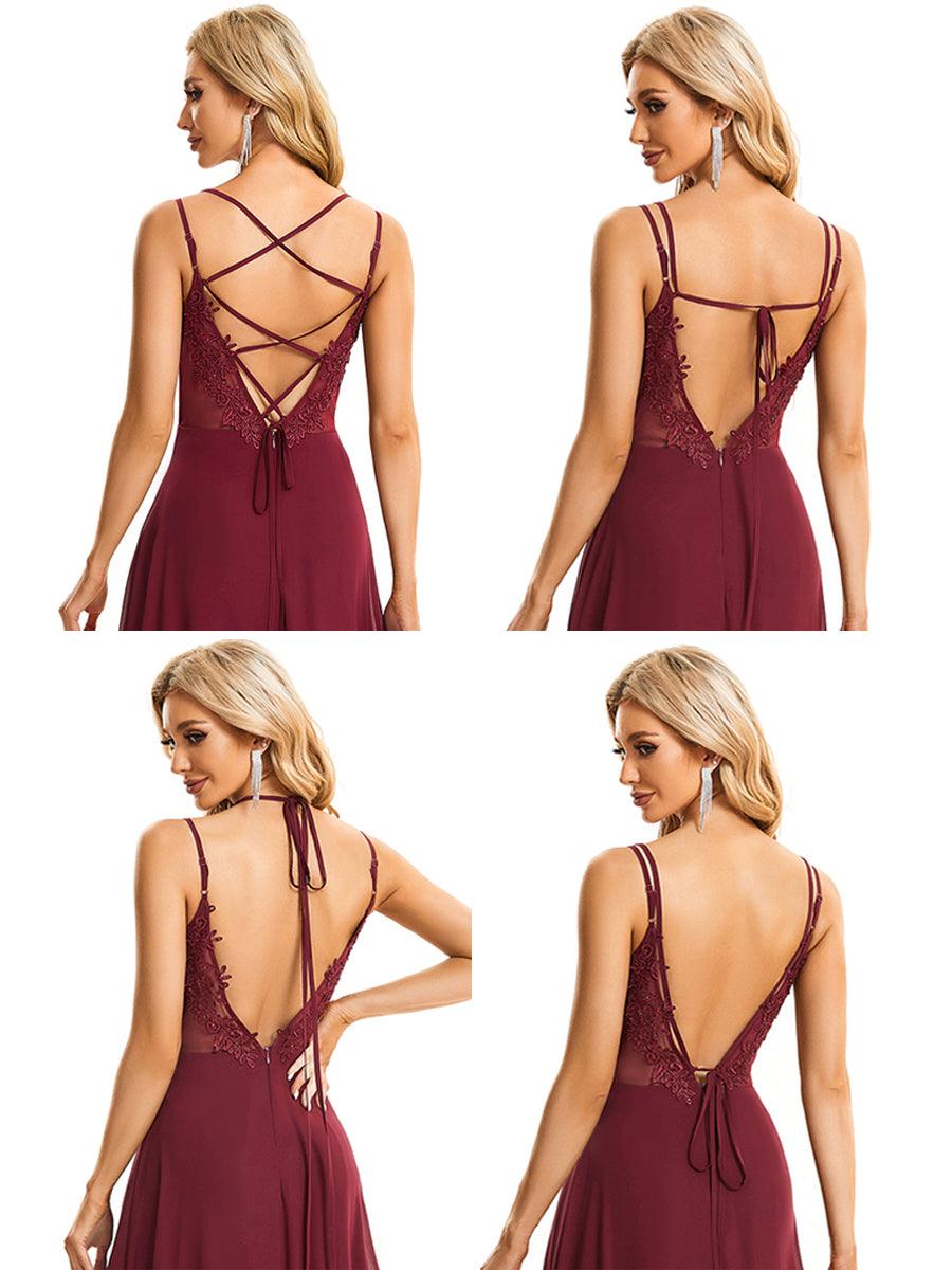 Robe demoiselle d'honneur mousseline et dentelle dos nu bretelles fines #Couleur_Bordeaux